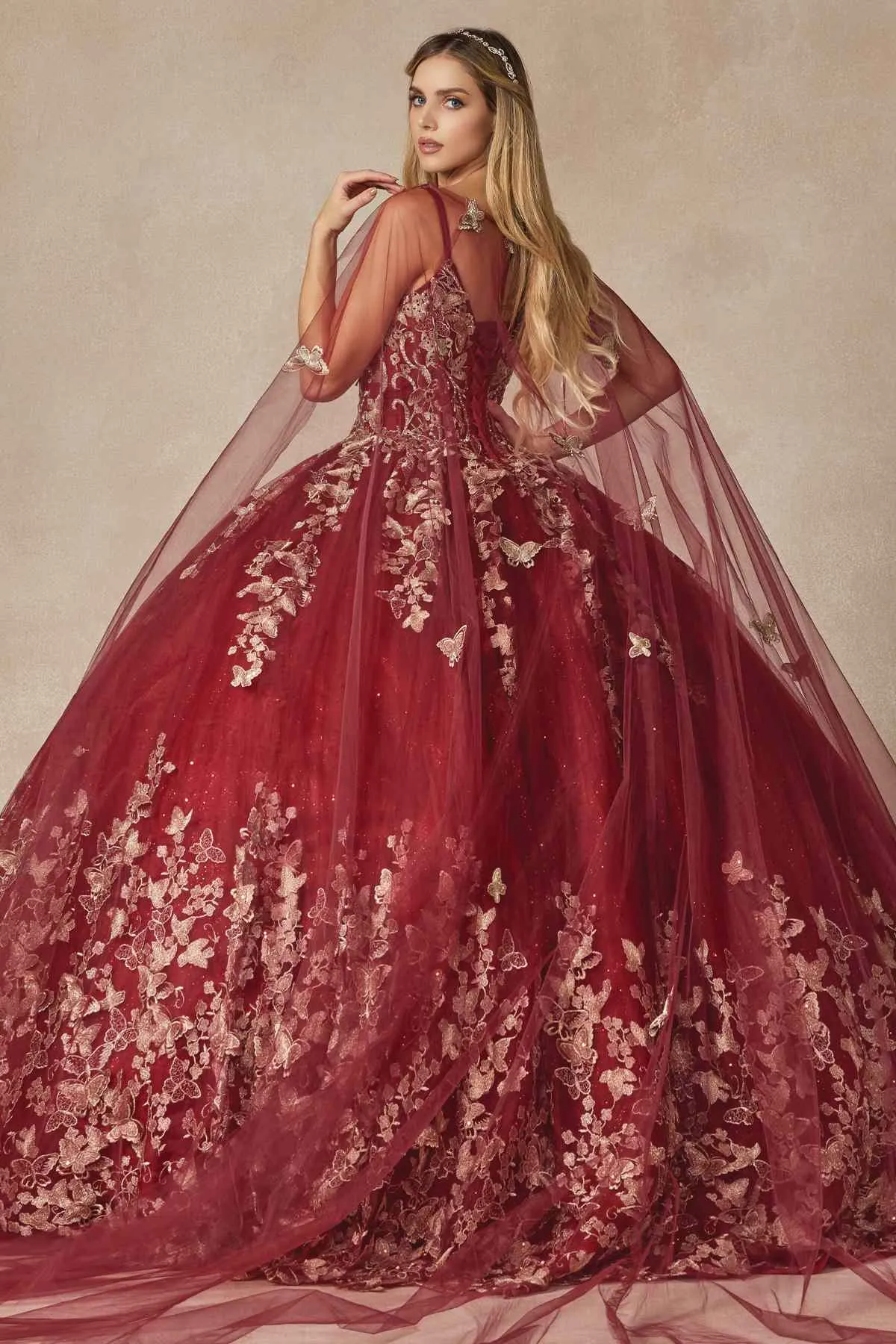 Juliet 1442 Long 3D Butterfly Appliques Strapless Bodice Cape Quinceanera Dress