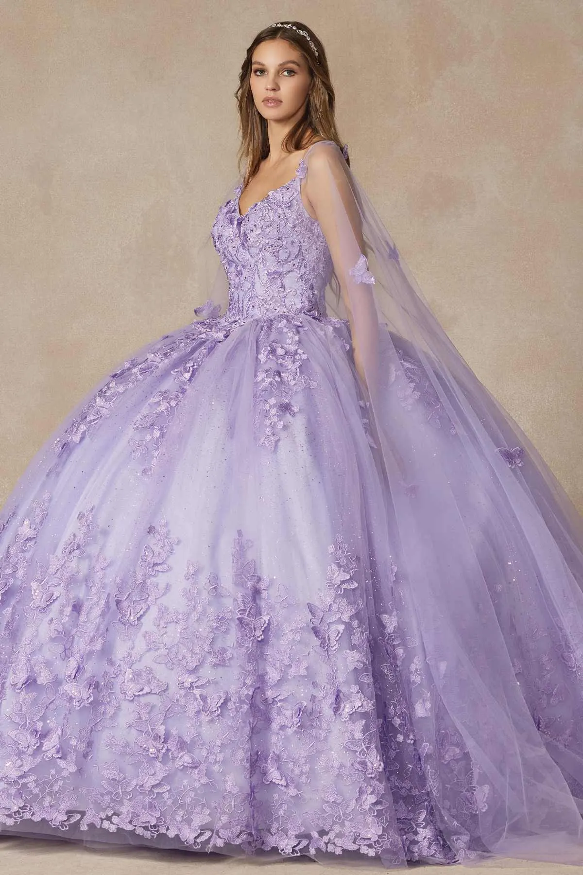 Juliet 1442 Long 3D Butterfly Appliques Strapless Bodice Cape Quinceanera Dress