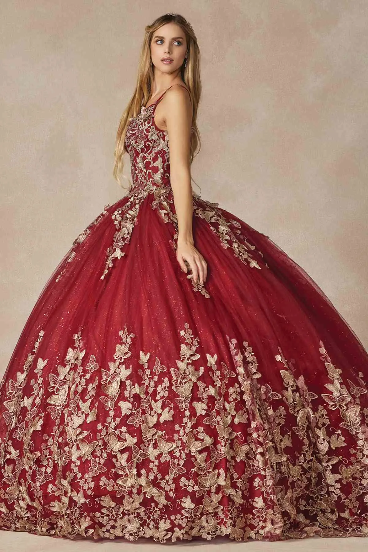 Juliet 1442 Long 3D Butterfly Appliques Strapless Bodice Cape Quinceanera Dress