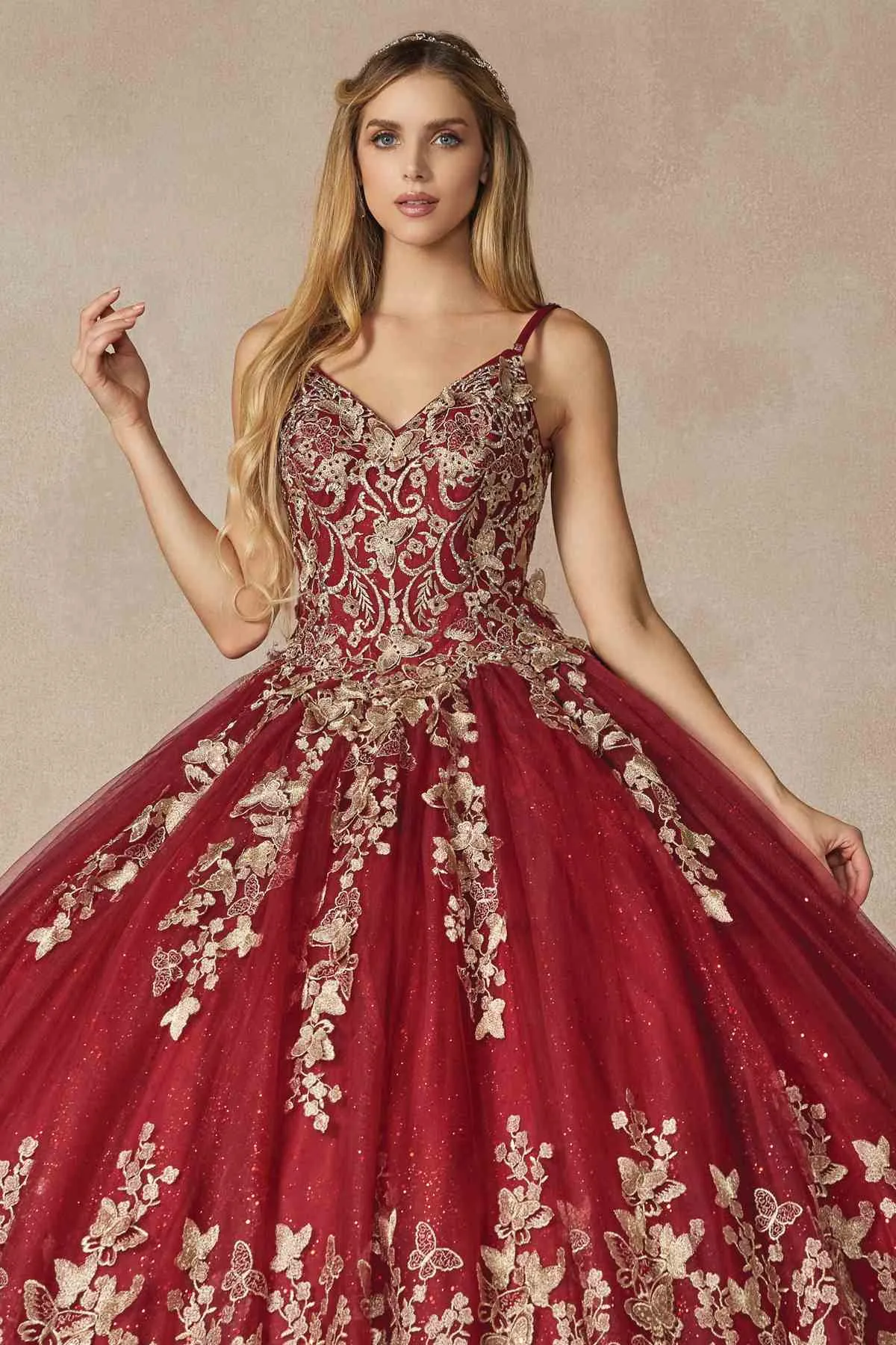 Juliet 1442 Long 3D Butterfly Appliques Strapless Bodice Cape Quinceanera Dress