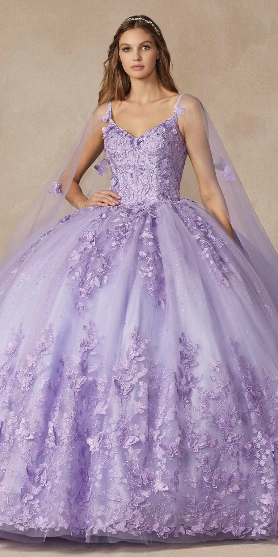Juliet 1442 Long 3D Butterfly Appliques Strapless Bodice Cape Quinceanera Dress