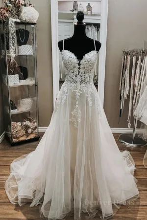 kamahe A Line V Neck White Lace Long Prom Wedding Dress, Thin Strap White Lace Formal Dress, White Lace Evening Dress