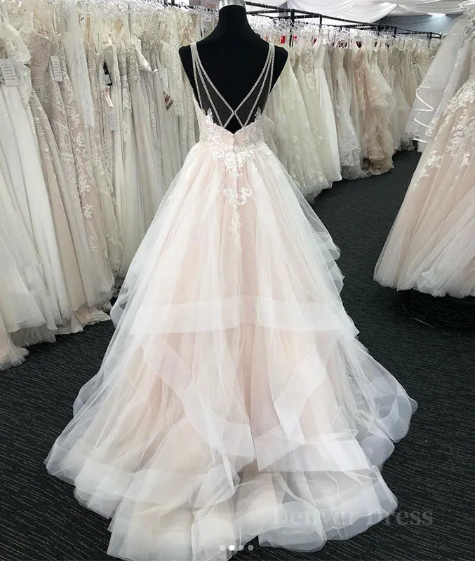 kamahe Light champagne v neck tulle lace long prom dress, wedding dress