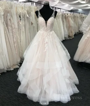 kamahe Light champagne v neck tulle lace long prom dress, wedding dress