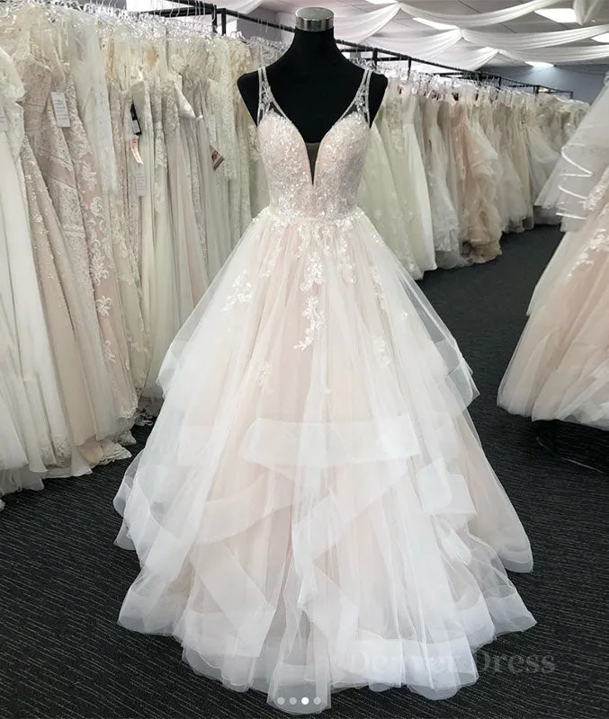 kamahe Light champagne v neck tulle lace long prom dress, wedding dress