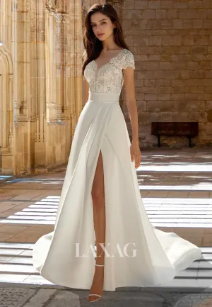 Lace Applique Pleated Cutout Bride Gowns V-Neck Cap-Sleeves Chiffon A-Line Wedding Dress with High Slit