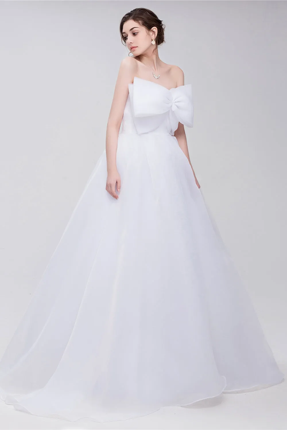 Lace Sheer Waist Long Pleated A-line Train Wedding Dresses with Half Sleeves
