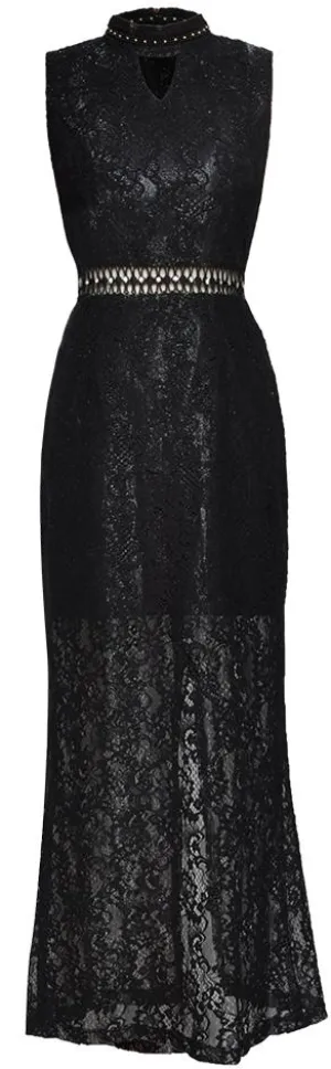 Long Black Stud and Bead-Embellished Trim Sleeveless Lace Dress