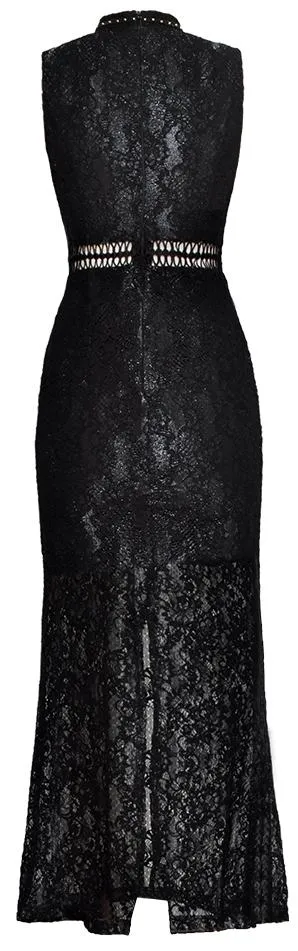 Long Black Stud and Bead-Embellished Trim Sleeveless Lace Dress