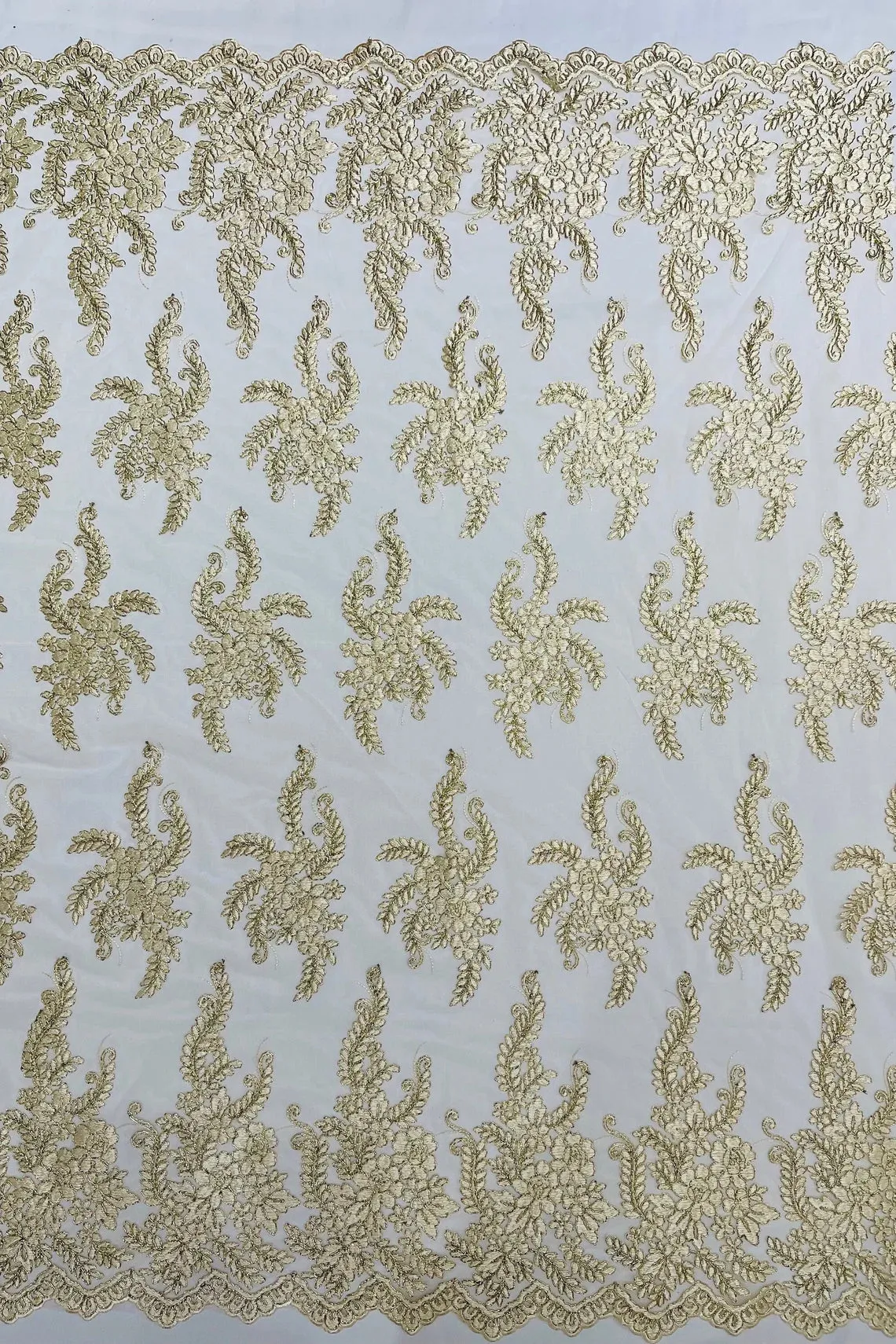 Long Leaf Designs Lace Fabric - Braid Leaf Pattern Embroidered on Lace Mesh Sold By Yard