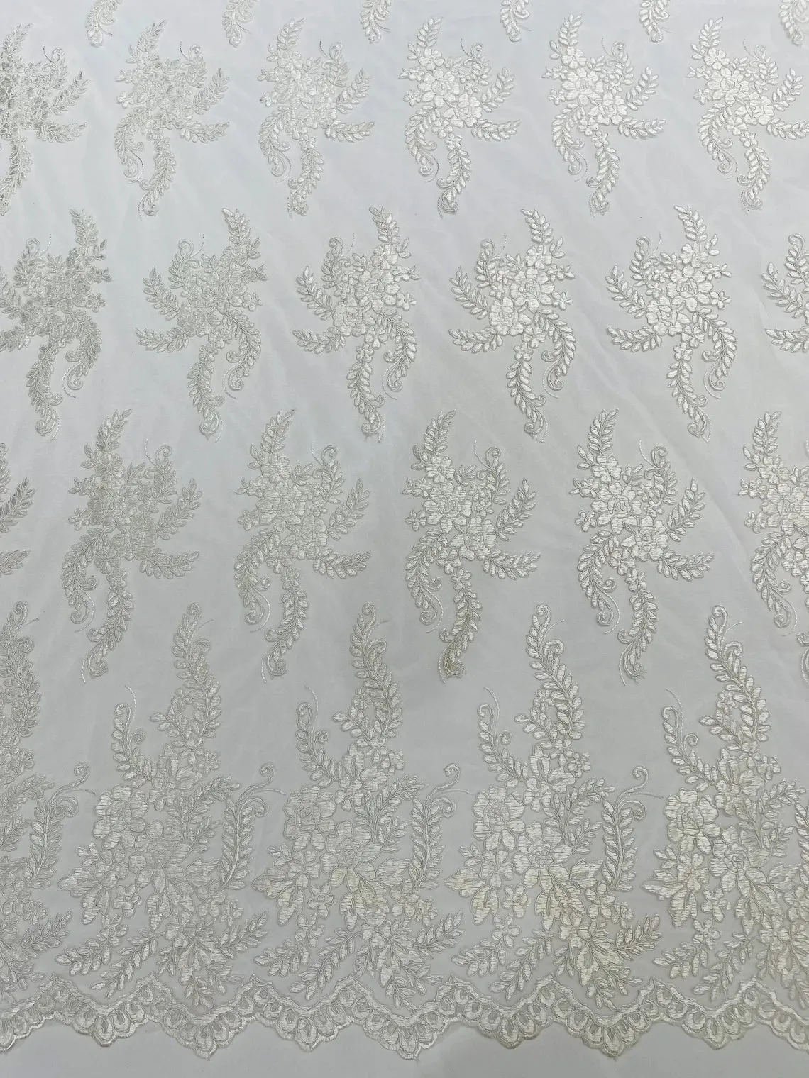 Long Leaf Designs Lace Fabric - Braid Leaf Pattern Embroidered on Lace Mesh Sold By Yard