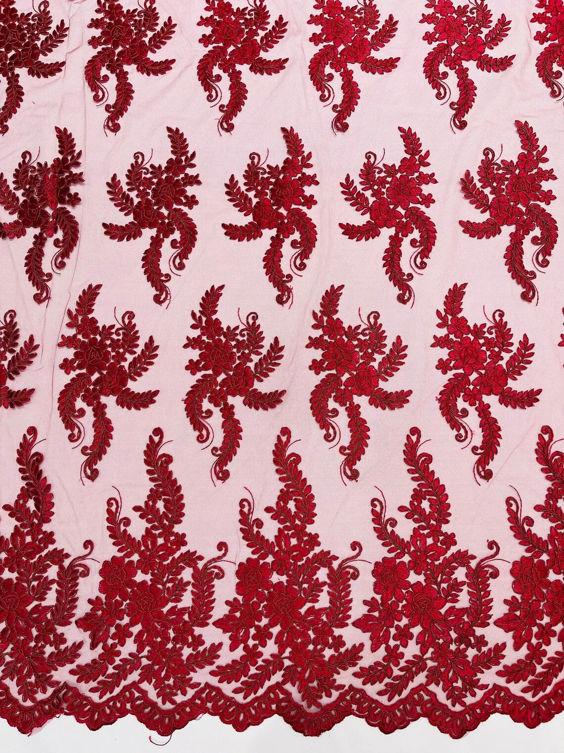 Long Leaf Designs Lace Fabric - Braid Leaf Pattern Embroidered on Lace Mesh Sold By Yard