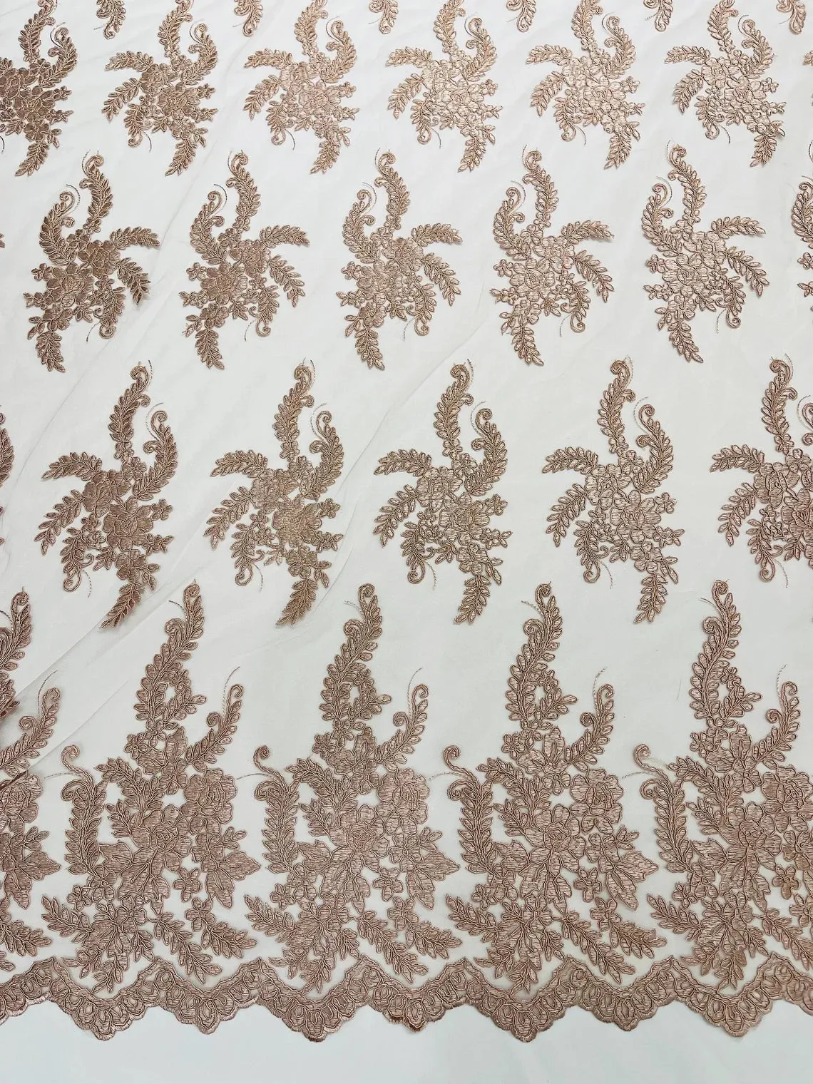 Long Leaf Designs Lace Fabric - Braid Leaf Pattern Embroidered on Lace Mesh Sold By Yard