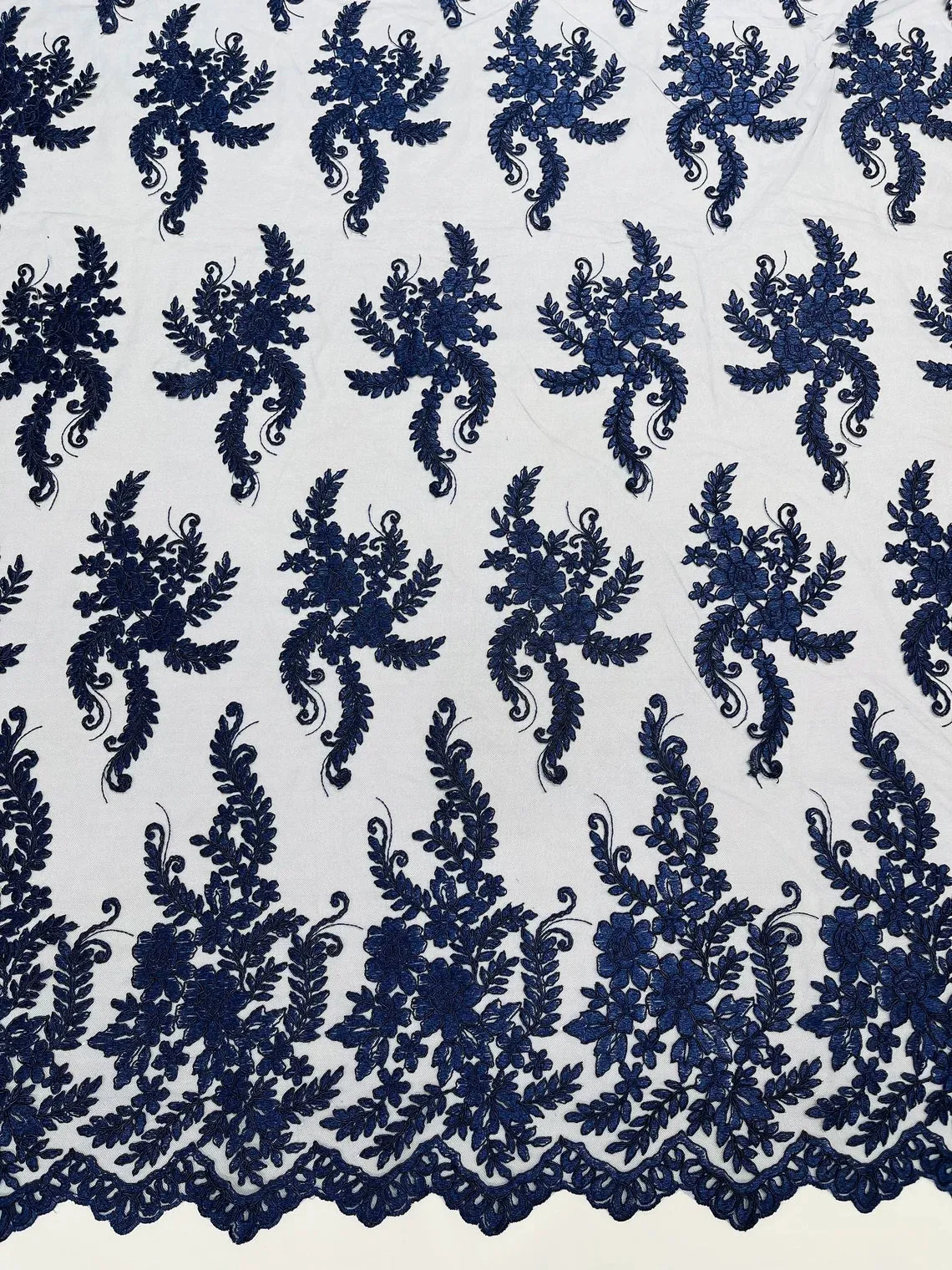Long Leaf Designs Lace Fabric - Braid Leaf Pattern Embroidered on Lace Mesh Sold By Yard