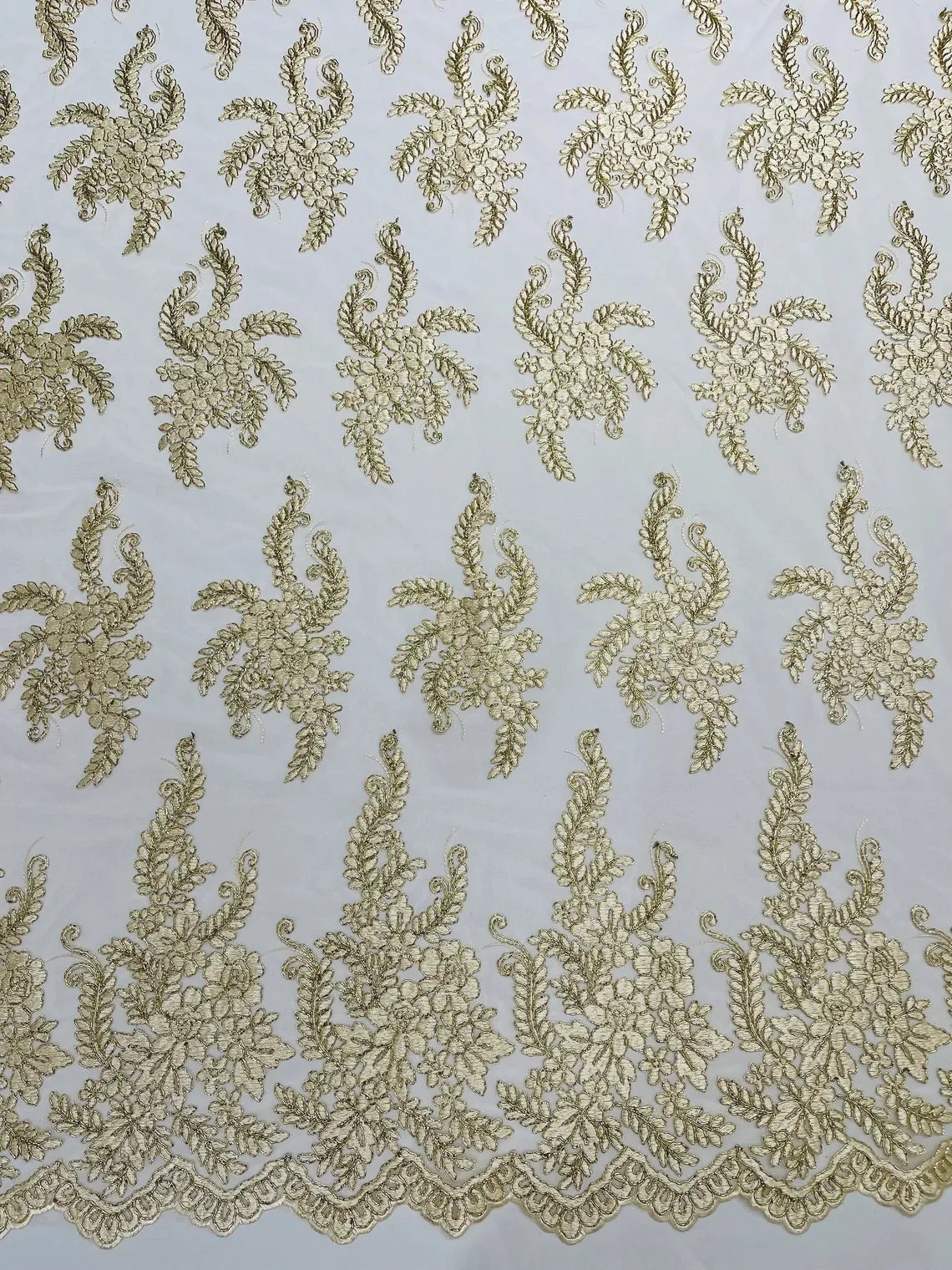 Long Leaf Designs Lace Fabric - Braid Leaf Pattern Embroidered on Lace Mesh Sold By Yard