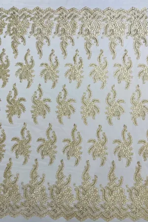 Long Leaf Designs Lace Fabric - Braid Leaf Pattern Embroidered on Lace Mesh Sold By Yard