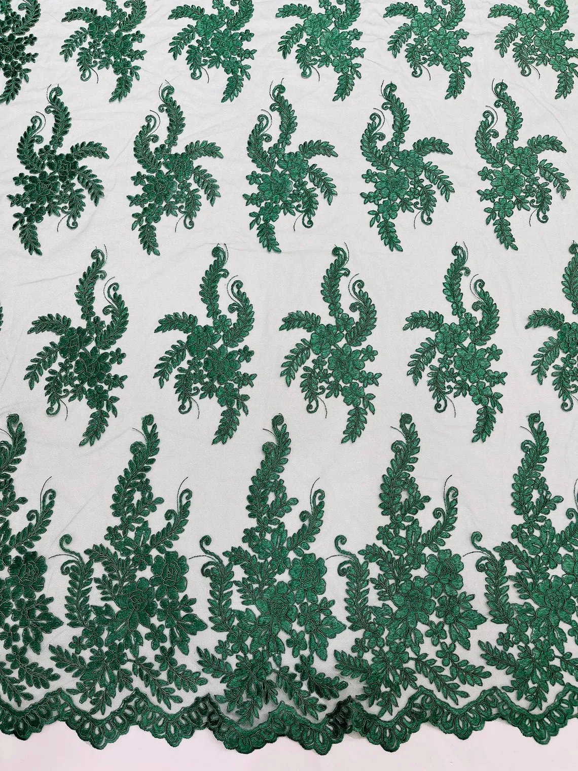 Long Leaf Designs Lace Fabric - Braid Leaf Pattern Embroidered on Lace Mesh Sold By Yard