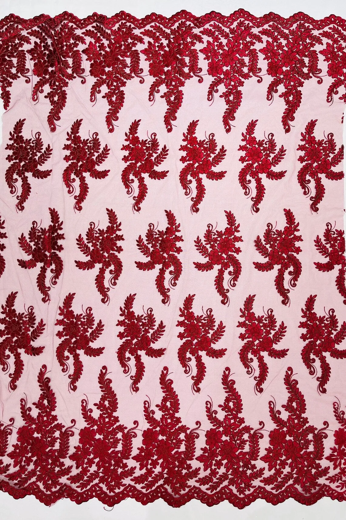 Long Leaf Designs Lace Fabric - Braid Leaf Pattern Embroidered on Lace Mesh Sold By Yard
