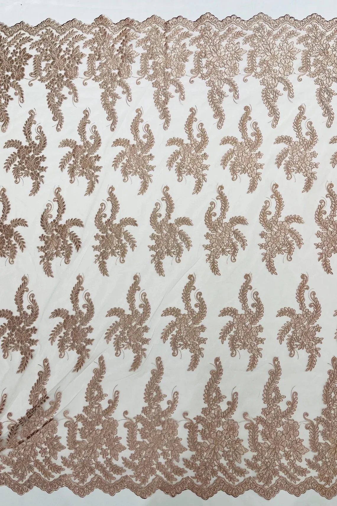 Long Leaf Designs Lace Fabric - Braid Leaf Pattern Embroidered on Lace Mesh Sold By Yard