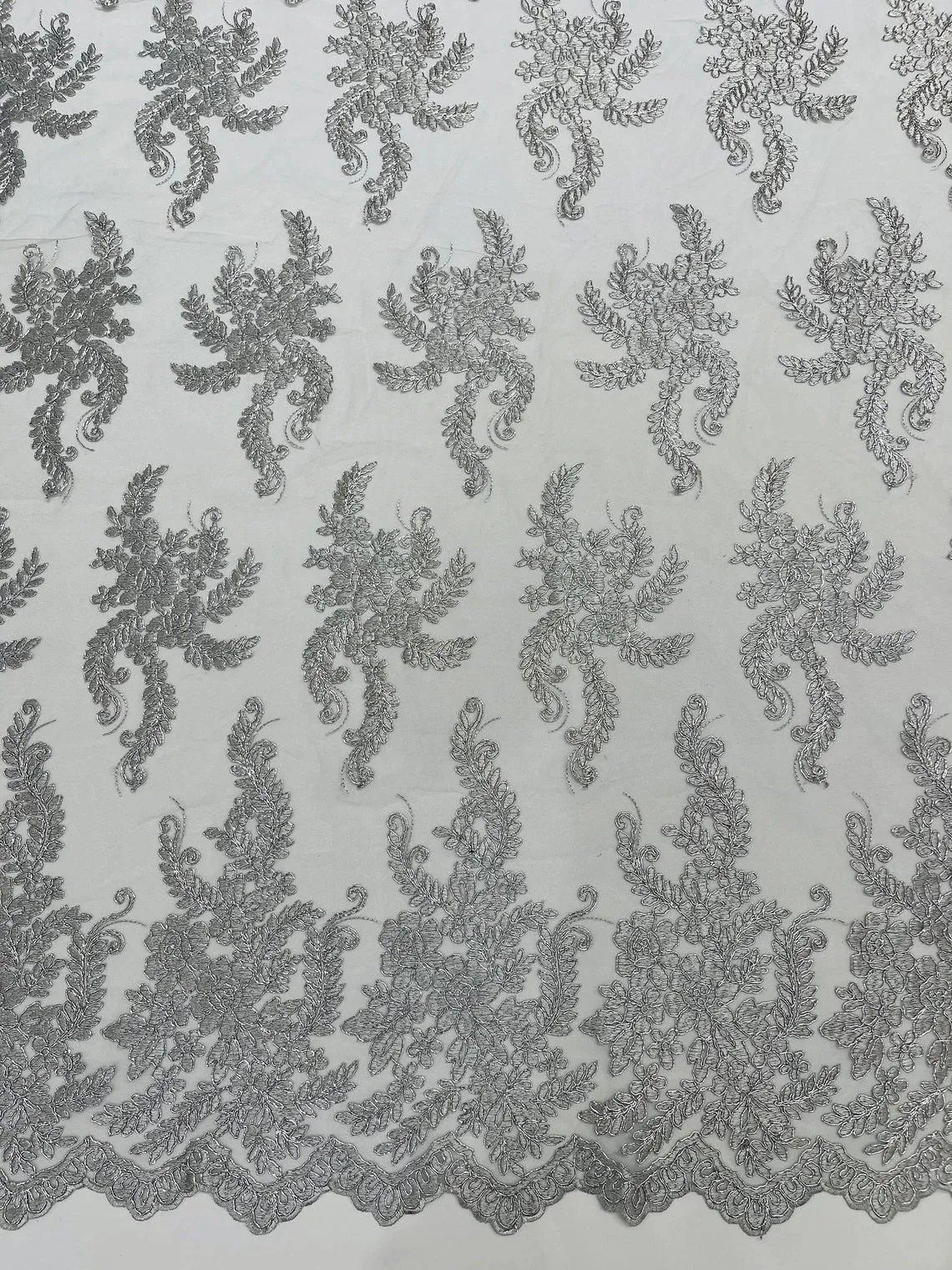 Long Leaf Designs Lace Fabric - Braid Leaf Pattern Embroidered on Lace Mesh Sold By Yard
