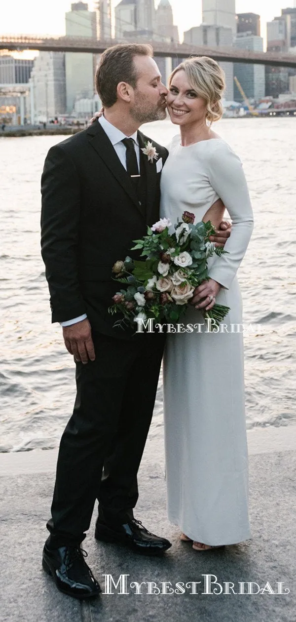 Long Sleeves Sexy Backless Scoop Sheath Long Cheap Simple Charming Wedding Dresses, TYP0100