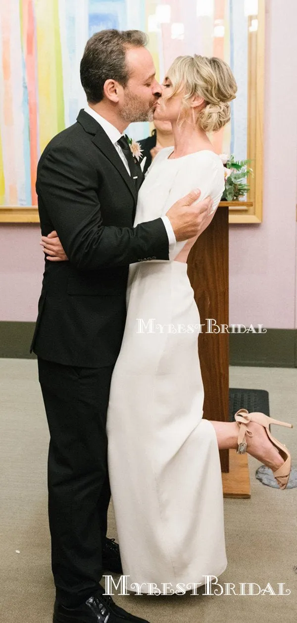 Long Sleeves Sexy Backless Scoop Sheath Long Cheap Simple Charming Wedding Dresses, TYP0100