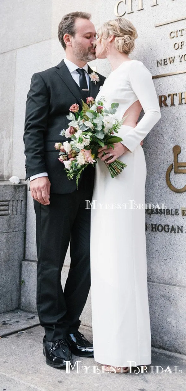 Long Sleeves Sexy Backless Scoop Sheath Long Cheap Simple Charming Wedding Dresses, TYP0100