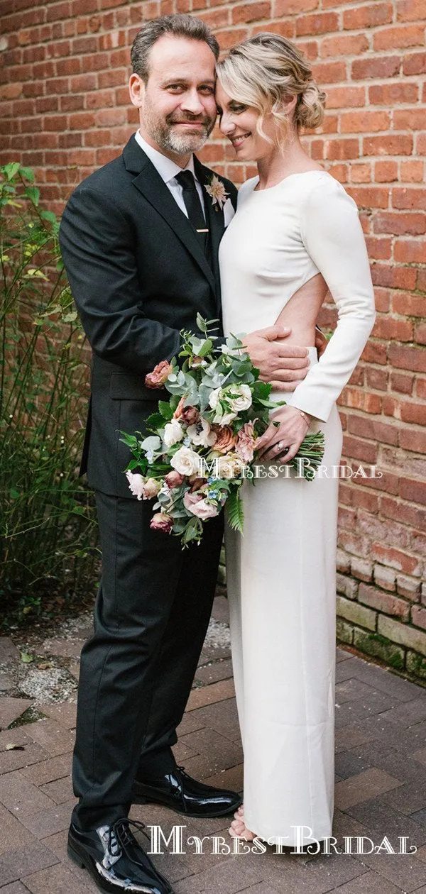 Long Sleeves Sexy Backless Scoop Sheath Long Cheap Simple Charming Wedding Dresses, TYP0100