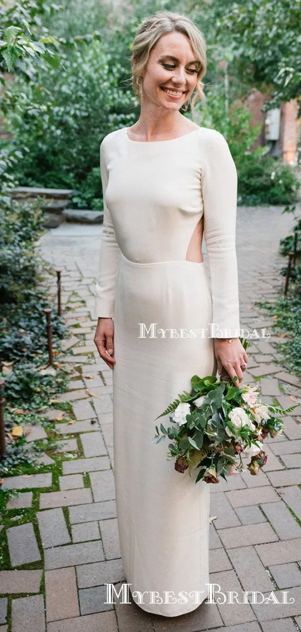 Long Sleeves Sexy Backless Scoop Sheath Long Cheap Simple Charming Wedding Dresses, TYP0100