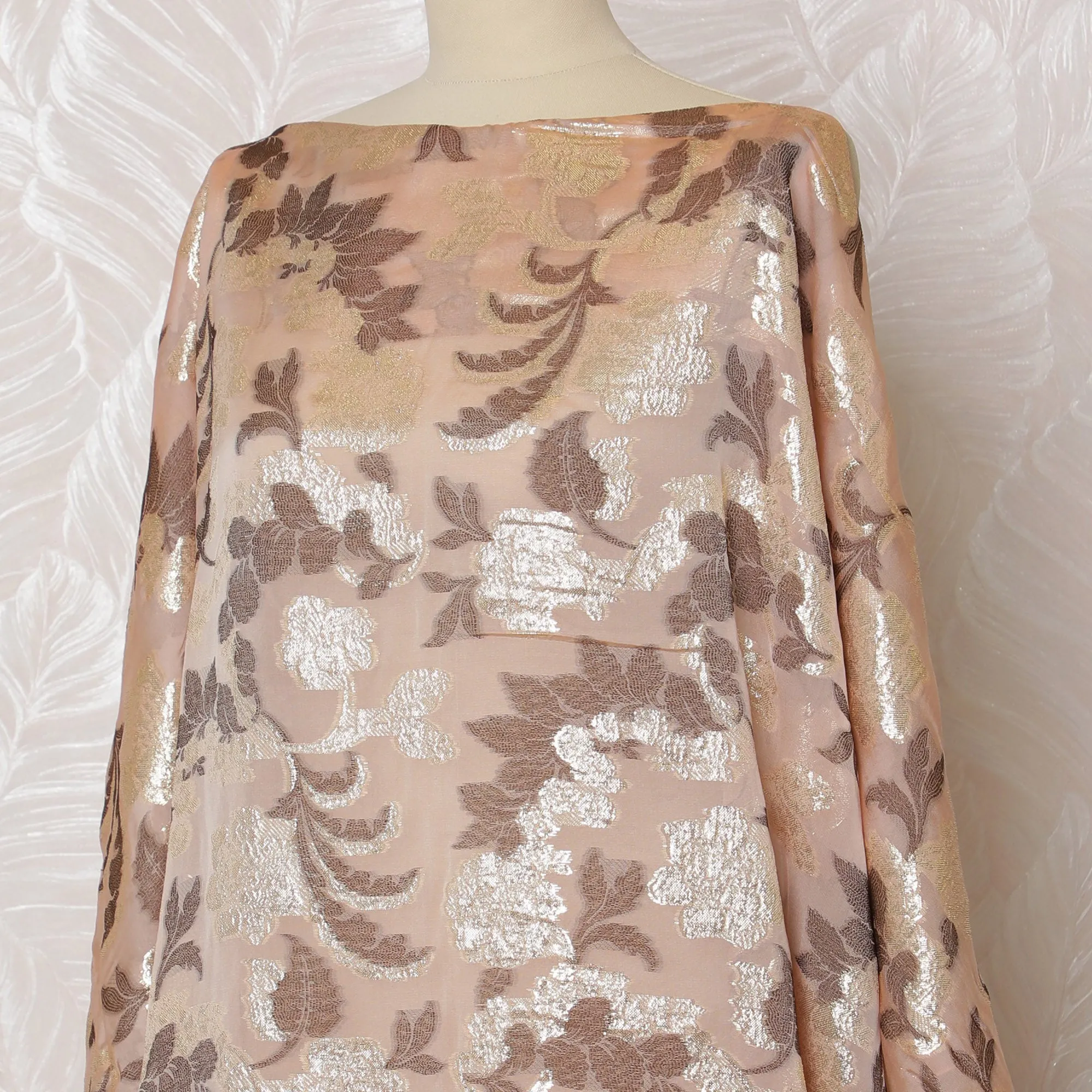 Luxurious Champagne Peach Floral French (Fransawi) Somali Dirac Silk Chiffon Fabric with Metallic Lurex, 140 cm Width-D19682