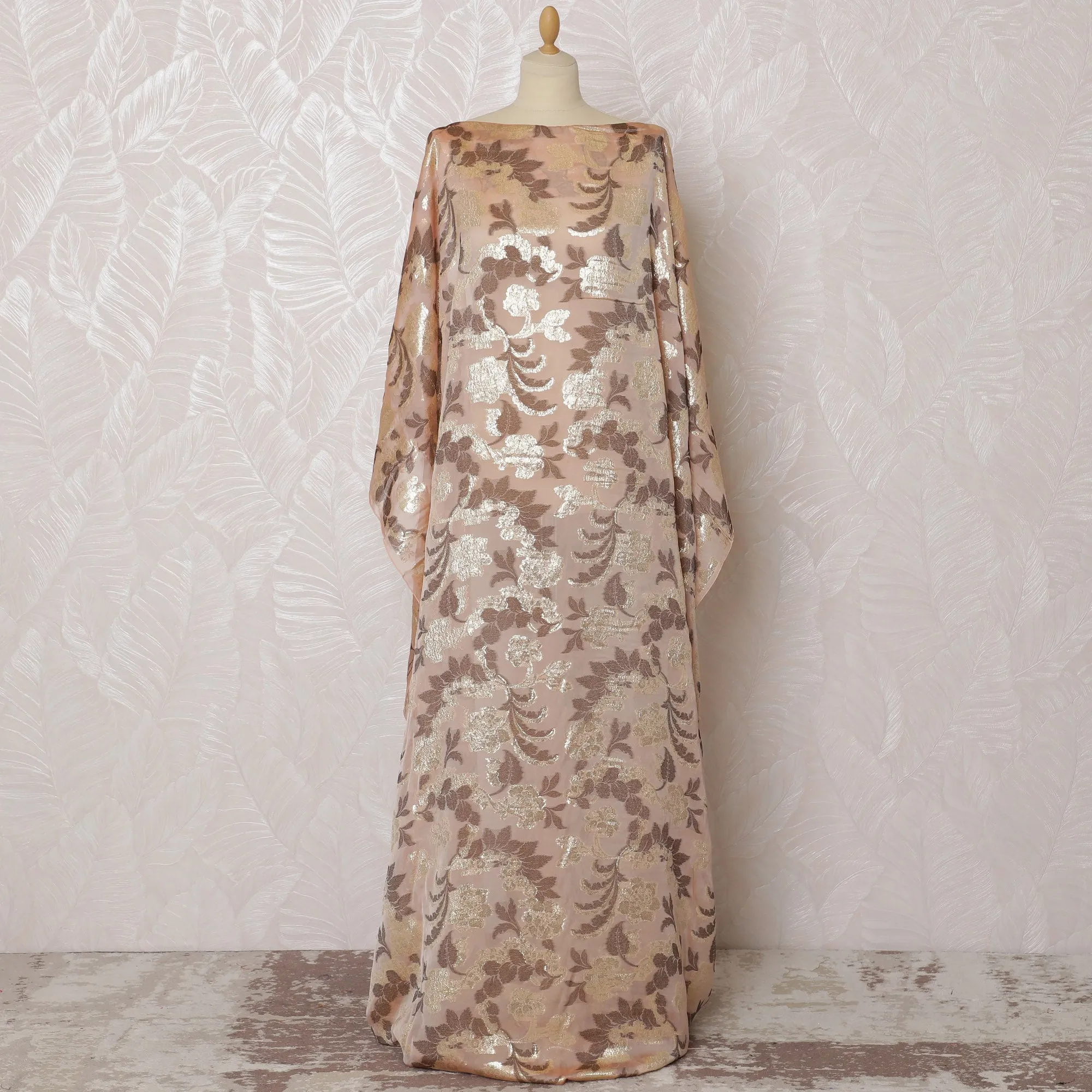 Luxurious Champagne Peach Floral French (Fransawi) Somali Dirac Silk Chiffon Fabric with Metallic Lurex, 140 cm Width-D19682