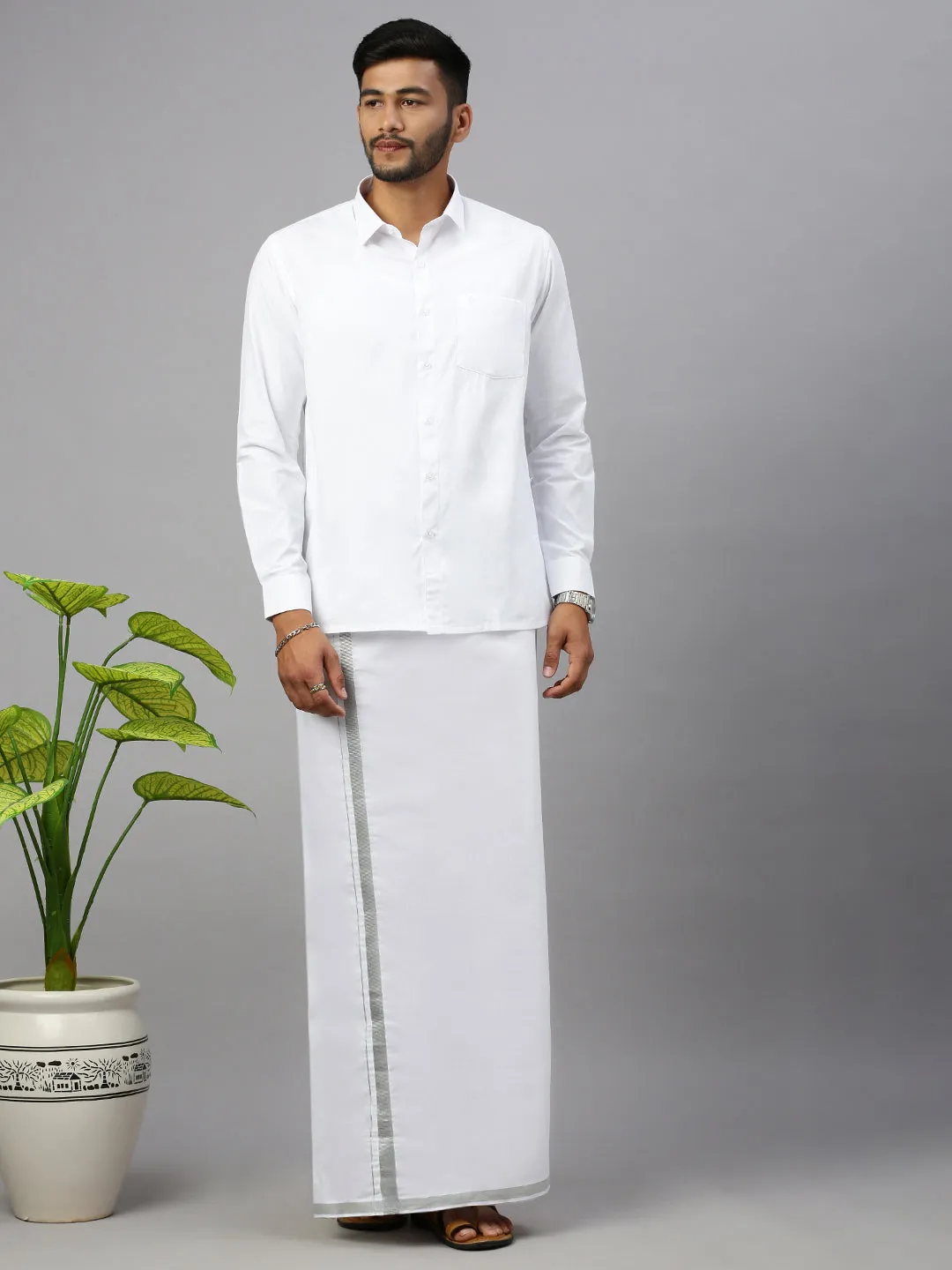 Mens Single Dhoti White with Silver Jari 1/2" Shringar