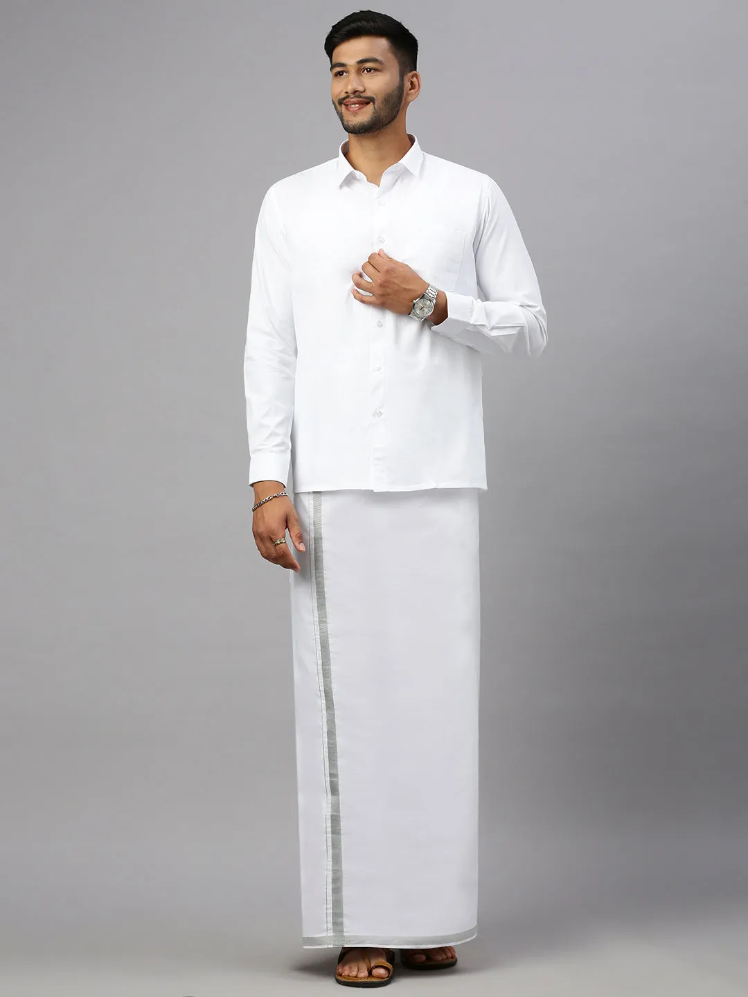 Mens Single Dhoti White with Silver Jari 1/2" Shringar