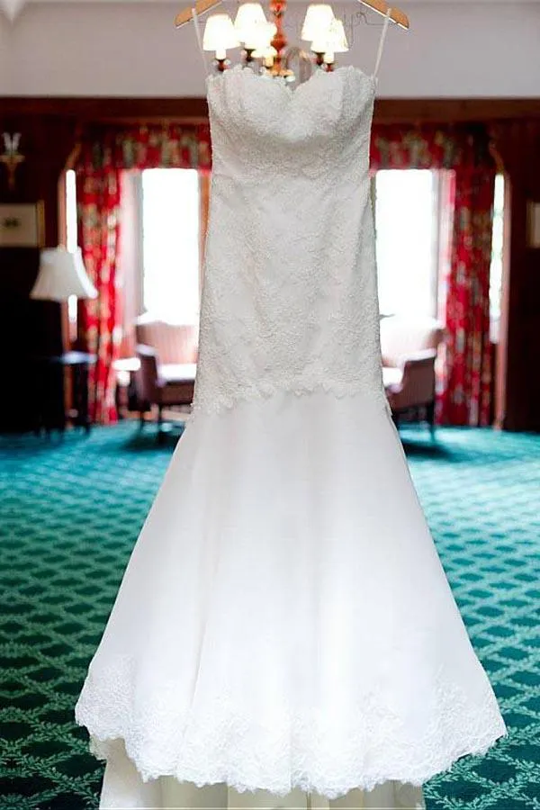 Mermaid Sweetheart Strapless White Lace Appliqued Wedding Dresses