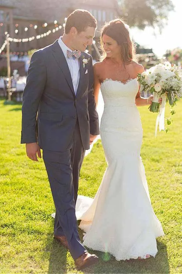 Mermaid Sweetheart Strapless White Lace Appliqued Wedding Dresses