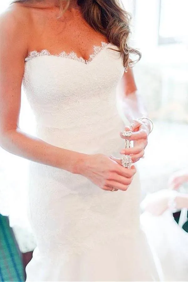 Mermaid Sweetheart Strapless White Lace Appliqued Wedding Dresses
