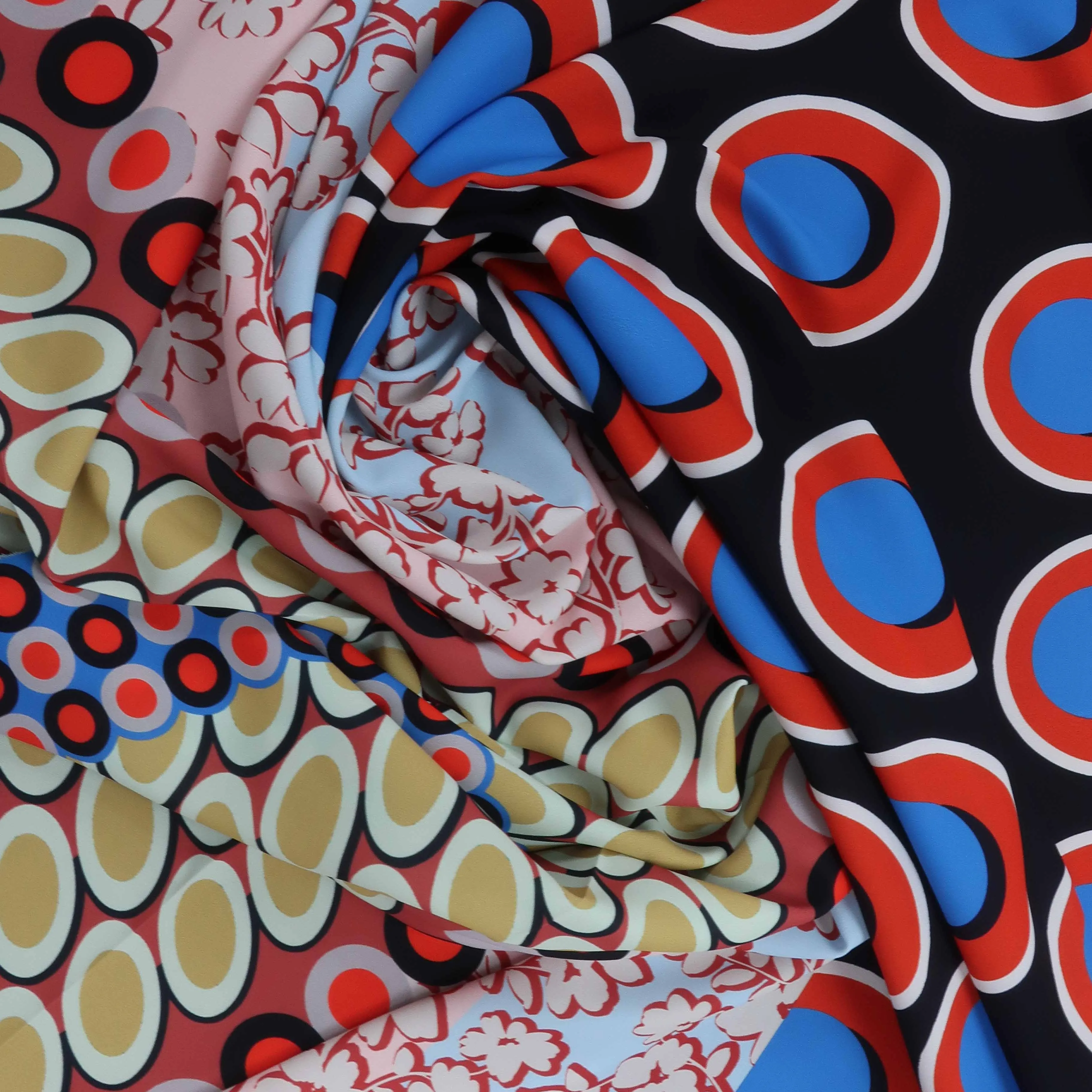 Multicolored Circles and Floral Crepe Printed Polyester