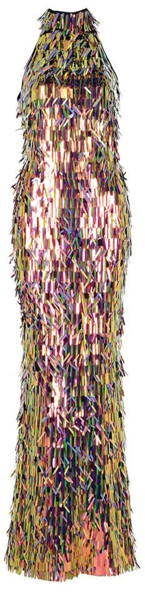 Multicolored Tinsel-Sequined Stretch Halter Gown