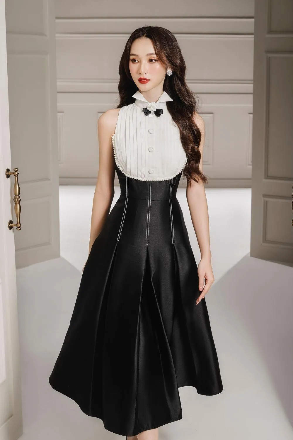 Myra Fit and Flare Corset Waist Taffeta Midi Dress