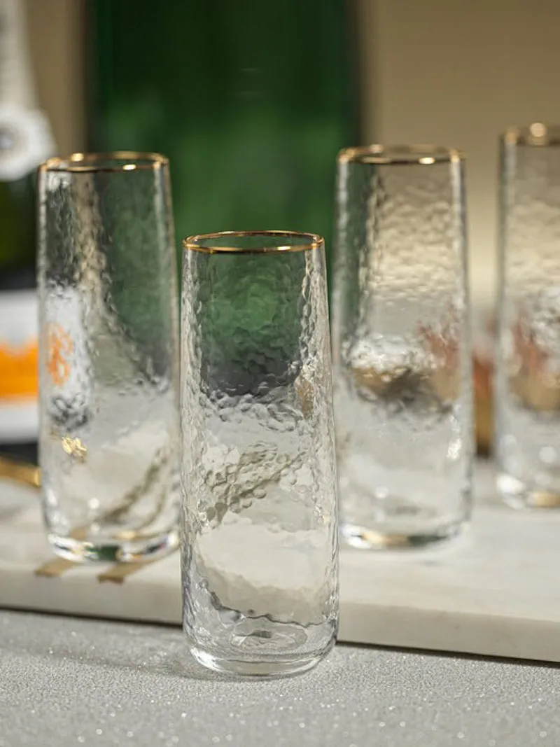 Negroni Hammered Stemless Champagne Flute with Gold Rim