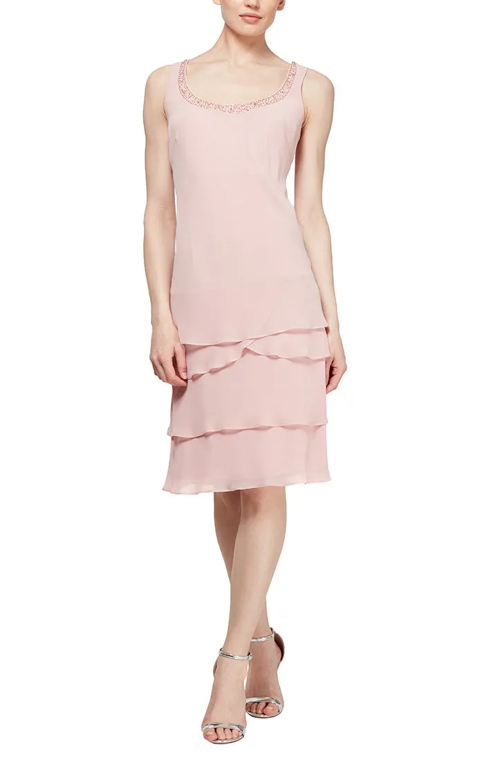 Petite - Chiffon Tiered Jacket Dress with Beaded Shoulder Detail