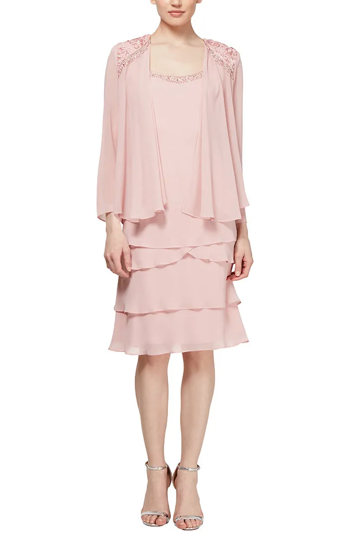 Petite - Chiffon Tiered Jacket Dress with Beaded Shoulder Detail