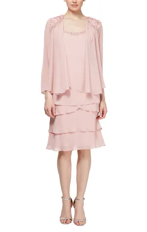 Petite - Chiffon Tiered Jacket Dress with Beaded Shoulder Detail