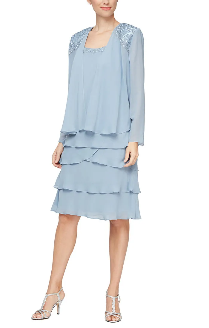 Petite - Chiffon Tiered Jacket Dress with Beaded Shoulder Detail