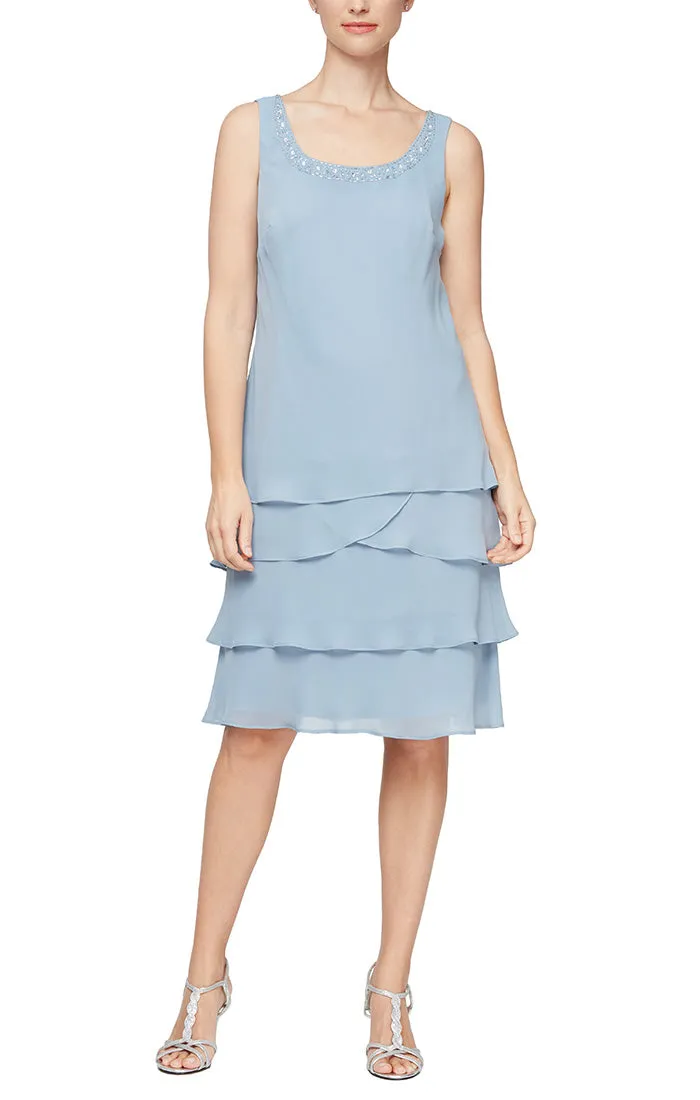 Petite - Chiffon Tiered Jacket Dress with Beaded Shoulder Detail