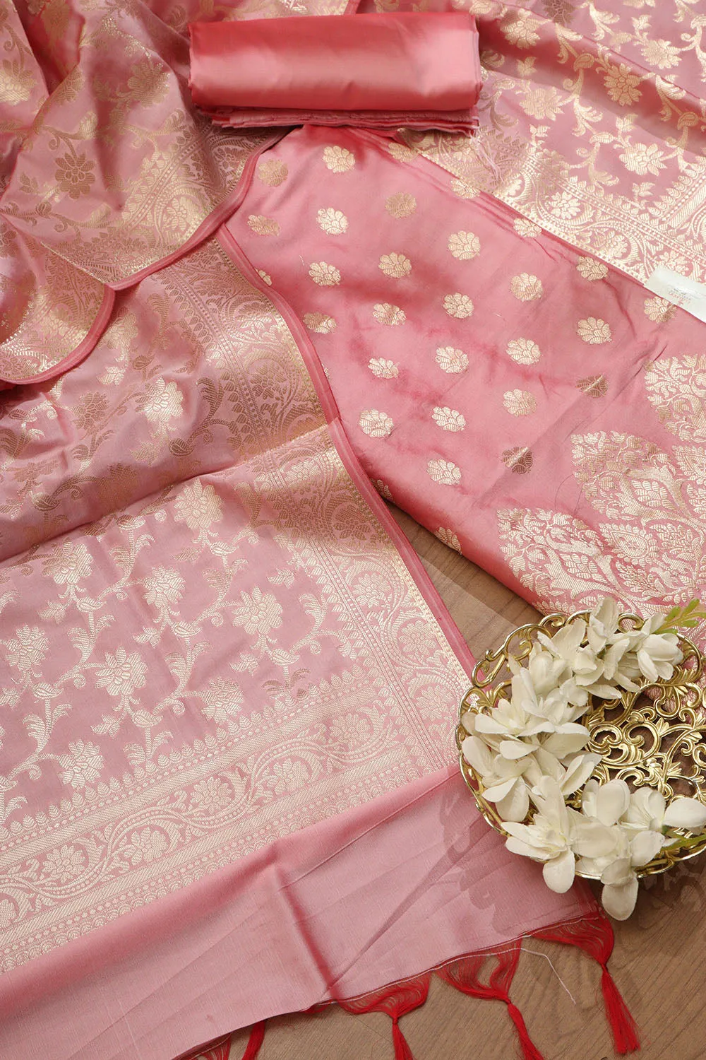 Pink Banarasi Soft Silk Three Piece Suit Set