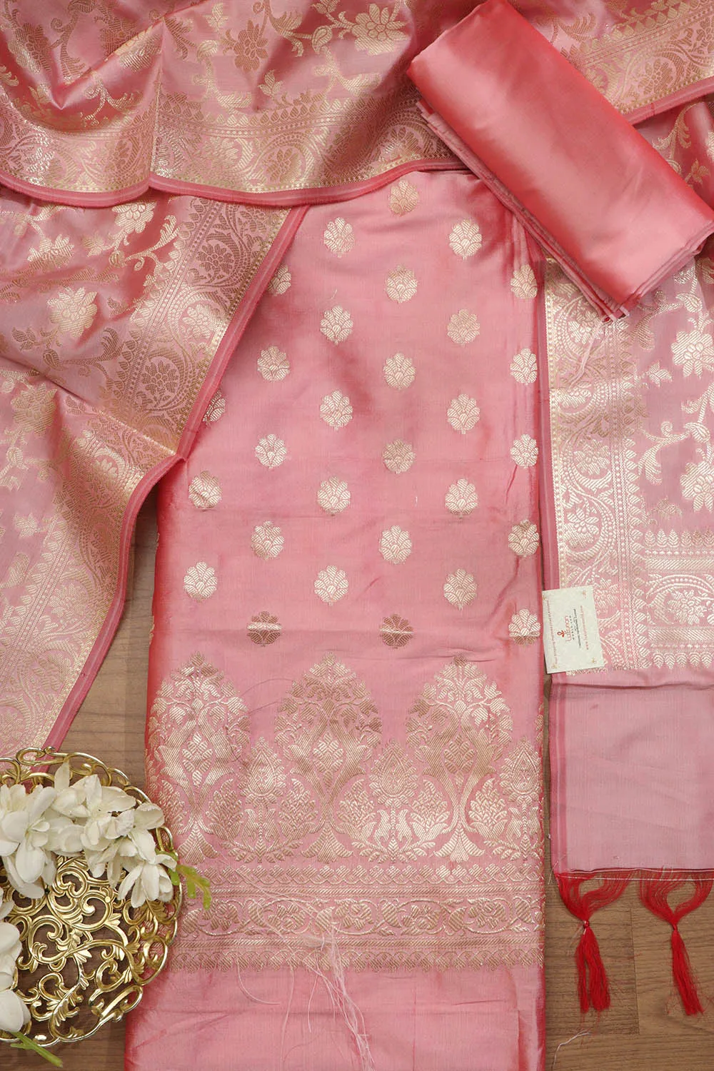 Pink Banarasi Soft Silk Three Piece Suit Set