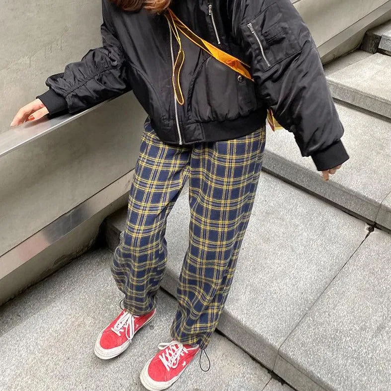 Plaid Pants With Elastic Waist And Drawstring