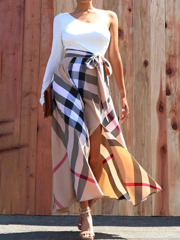 Plaid Split-Side Tied Waist High Waisted Loose Skirts Bottoms