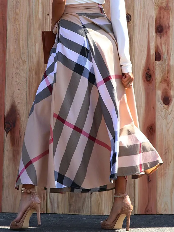 Plaid Split-Side Tied Waist High Waisted Loose Skirts Bottoms